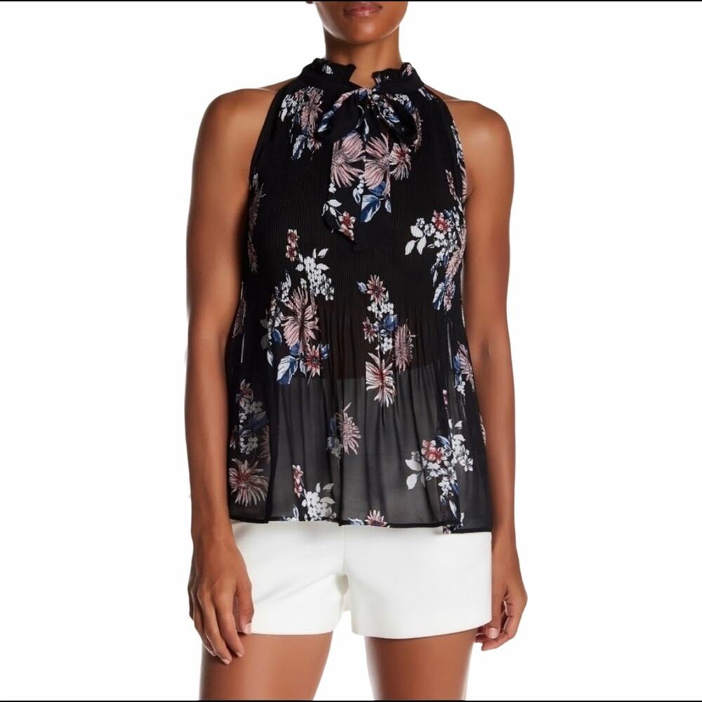 FREE PRESS Women's Semi Sheer High Neck Pleated Keyhole Floral Blouse